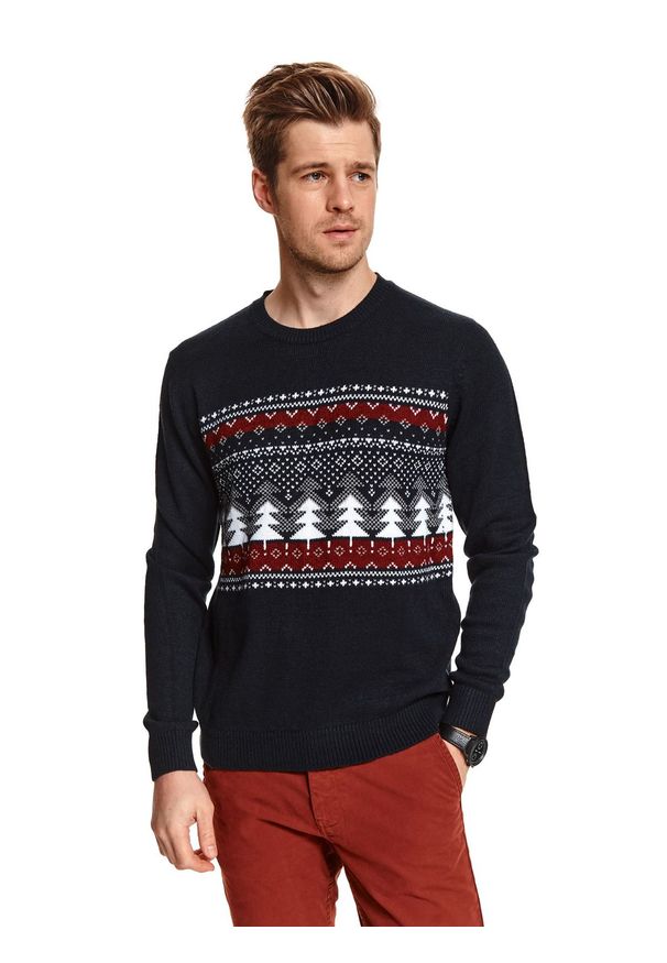 TOP SECRET - Sweter z motywem świątecznym. Kolor: niebieski. Materiał: materiał. Długość rękawa: długi rękaw. Długość: długie. Wzór: nadruk. Sezon: zima. Styl: wizytowy