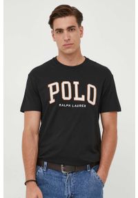 Polo Ralph Lauren t-shirt bawełniany kolor czarny z aplikacją. Typ kołnierza: polo. Kolor: czarny. Materiał: bawełna. Wzór: aplikacja #5