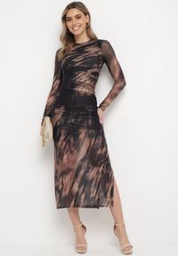 Born2be - Czarno-Beżowa Dopasowana Sukienka Długa z Siateczki z Rozcięciem na Boku Nethys. Kolor: czarny. Materiał: wiskoza. Styl: elegancki. Długość: maxi #7