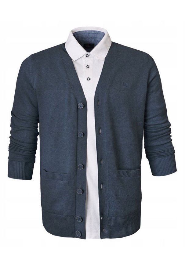 Bawełniany Sweter Męski, Rozpinany (Kardigan) - Pako Jeans - Jasny Granat. Okazja: do pracy, na spotkanie biznesowe. Kolor: niebieski. Materiał: bawełna. Styl: klasyczny, biznesowy