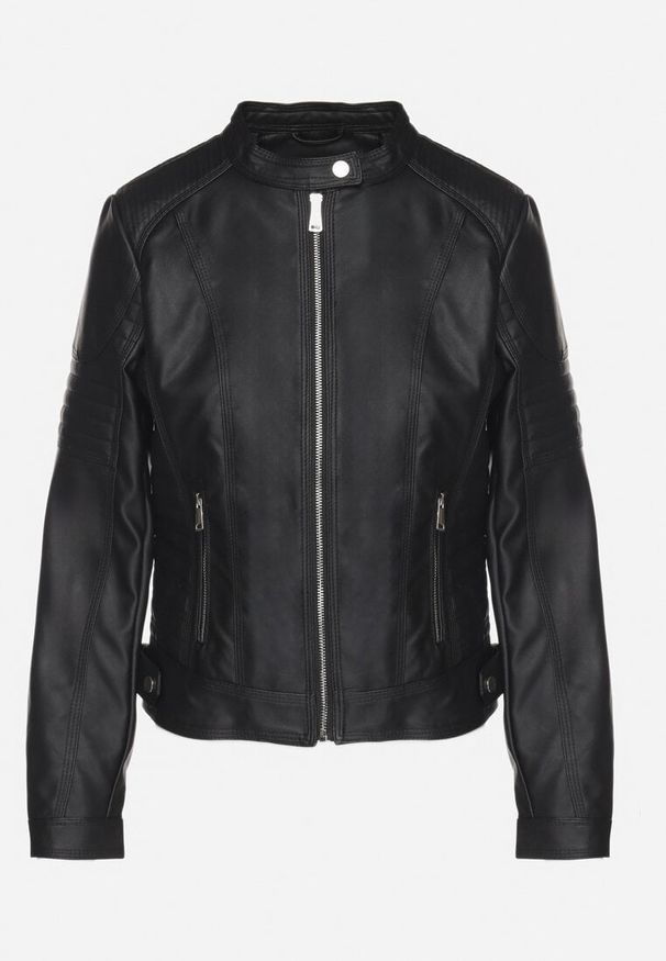 Born2be - Czarna Kurtka Ramoneska w Motocyklowym Stylu ze Stójką i Napami Talirina. Okazja: na co dzień. Typ kołnierza: kołnierzyk stójkowy. Kolor: czarny. Materiał: jeans. Styl: elegancki, casual