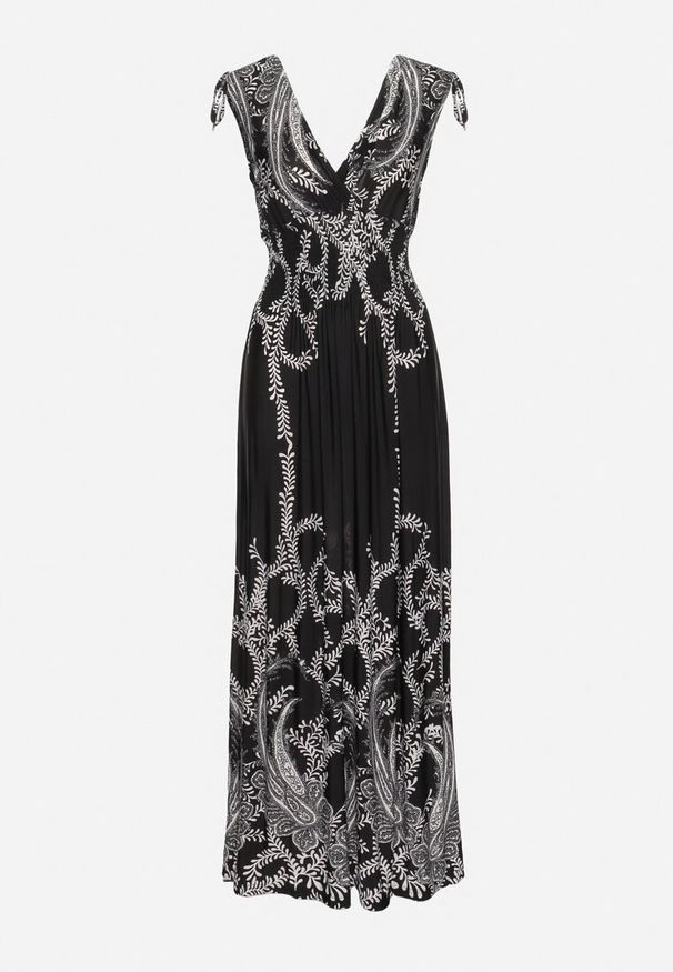 Born2be - Czarna Sukienka z Ornamentalnym Wzorem Gumką w Talii i Sznurkami na Ramionach Avemina. Kolor: czarny. Styl: klasyczny, elegancki