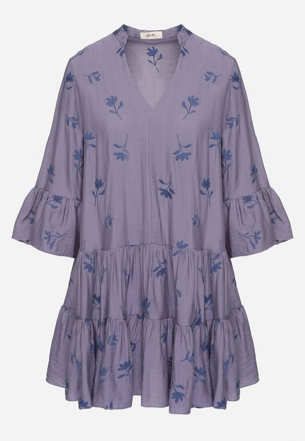 Born2be - Niebieska Sukienka z Wiskozą o Rozkloszowanym Kroju z Haftem i Falbankami Axneria. Okazja: na co dzień. Typ kołnierza: kołnierz z falbankami. Kolor: niebieski. Materiał: wiskoza. Wzór: haft. Typ sukienki: rozkloszowane. Styl: casual, klasyczny