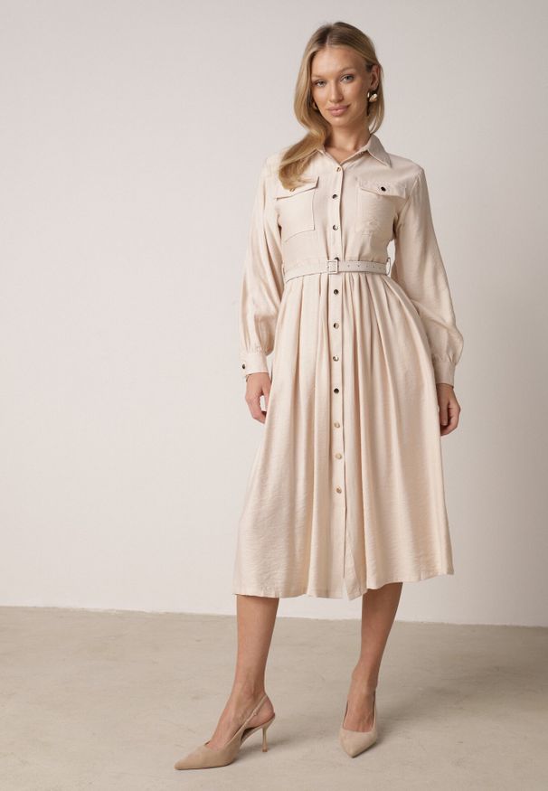 Born2be - Beżowa Wiskozowa Sukienka Koszulowa z Paskiem Andranassa. Okazja: na co dzień. Kolor: beżowy. Materiał: wiskoza. Wzór: aplikacja. Typ sukienki: koszulowe. Styl: casual, elegancki