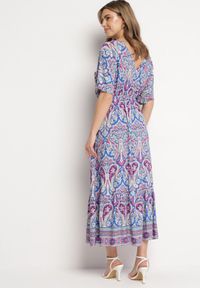 Born2be - Niebiesko-Fuksjowa Sukienka Maxi z Wiskozy w Stylu Boho z Wzorem Paisley i Gumką w Pasie Naroli. Okazja: na co dzień, na spacer. Typ kołnierza: dekolt w kształcie V. Kolor: niebieski. Materiał: wiskoza. Wzór: paisley. Sezon: lato. Styl: boho. Długość: maxi #2