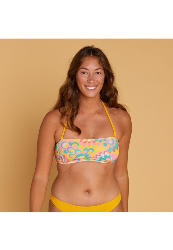 OLAIAN - Góra kostiumu kąpielowego surfingowego damska Olaian Lori Flowy. Kolor: żółty. Materiał: materiał, poliester, elastan, poliamid