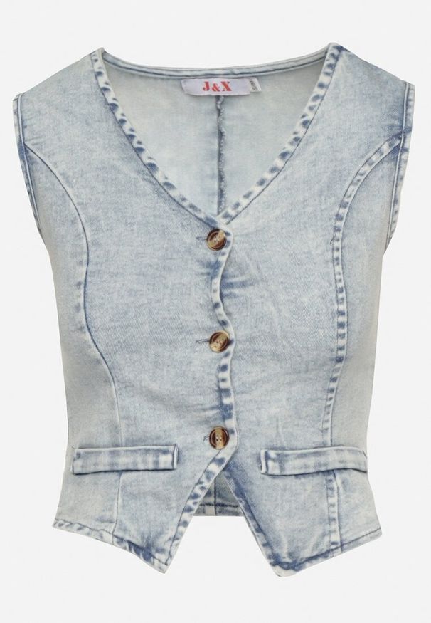 Born2be - Jasnoniebieska Jeansowa Kamizelka z Bawełną i Imitacją Kieszeni Maitera. Okazja: na co dzień. Kolor: niebieski. Materiał: jeans, bawełna. Sezon: lato, wiosna. Styl: casual, boho, elegancki, sportowy