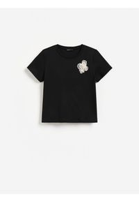 Reserved - T-shirt z ozdobnymi aplikacjami - czarny. Kolor: czarny. Materiał: bawełna, dzianina. Wzór: aplikacja #1