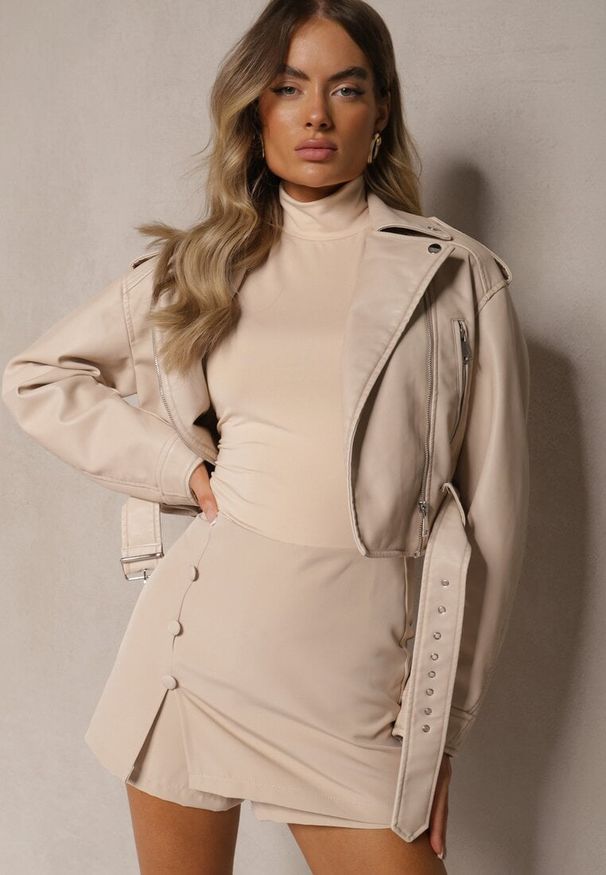 Renee - Beżowe Casualowe Spódnico-Szorty High Waist Wykończone z Boku Guzikami Marisstela. Okazja: na co dzień. Stan: podwyższony. Kolor: beżowy. Styl: casual