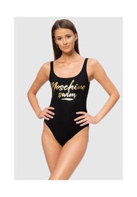 MOSCHINO Czarny jednoczęściowy strój kąpielowy ze złotym logo, Rozmiar XS. Kolor: czarny. Wzór: nadruk