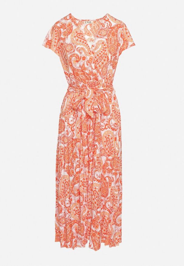 Born2be - Pomarańczowa Sukienka z Kopertowym Dekoltem z Gumką w Talii i Materiałowym Paskiem Xelovia. Okazja: na co dzień. Kolor: pomarańczowy. Materiał: materiał. Typ sukienki: kopertowe. Styl: casual, elegancki