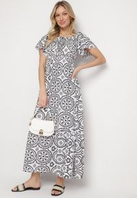 Born2be - Czarno-Biała Rozkloszowana Sukienka z Bawełną i Abstrakcyjnym Wzorem Ldivoria. Okazja: na spacer, na imprezę. Kolor: czarny. Materiał: bawełna. Styl: elegancki #5