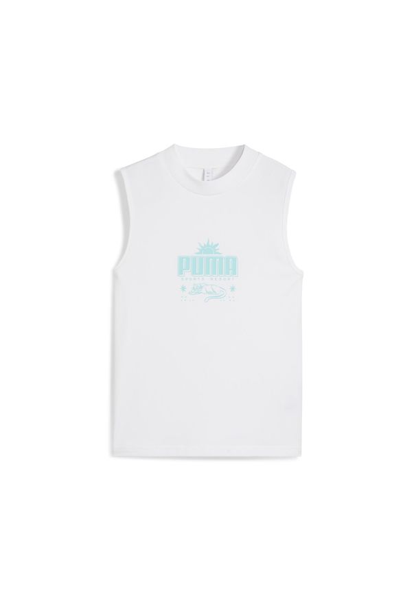 Puma - Damska wąska koszulka bez rękawów Palm Resort z grafiką PUMA White. Kolor: biały. Materiał: guma. Długość rękawa: bez rękawów. Wzór: nadruk. Sport: bieganie