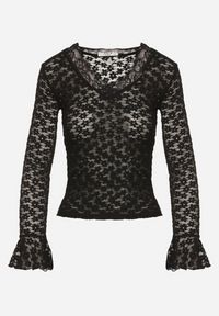 Born2be - Czarna Koronkowa Bluzka z Długim Rękawem z Falbanką Isotara. Okazja: na co dzień. Typ kołnierza: dekolt w serek. Kolor: czarny. Materiał: koronka. Długość rękawa: długi rękaw. Długość: długie. Styl: casual, elegancki #3