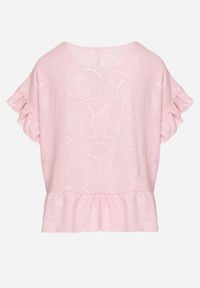 Born2be - Różowa Bluzka o Kroju Oversize z Falbanami Livelle. Okazja: na co dzień. Kolor: różowy. Materiał: jeans. Długość rękawa: krótki rękaw. Długość: krótkie. Styl: casual #7