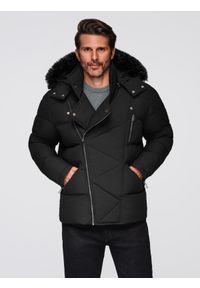 Ombre Clothing - Kurtka pikowana męska o kroju ramoneski z kapturem - czarna V1 - Rozmiar: L. Typ kołnierza: kaptur. Kolor: czarny. Materiał: satyna, futro, poliester, materiał. Sezon: zima. Styl: klasyczny, elegancki