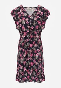 Renee - Granatowa Sukienka z Wiskozy Philameia. Okazja: na co dzień. Typ kołnierza: kołnierz z falbankami. Kolor: niebieski. Materiał: wiskoza. Wzór: kwiaty, aplikacja. Sezon: lato. Styl: casual. Długość: mini #2