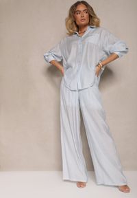 Renee - Jasnoniebieskie Spodnie Palazzo High Waist z Szeroką Nogawką i Gumką w Talii Jenarielis. Okazja: na co dzień. Stan: podwyższony. Kolor: niebieski. Styl: casual