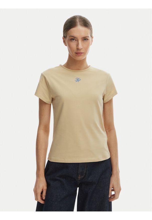 TOMMY HILFIGER - Tommy Hilfiger T-Shirt WW0WW48710 Beżowy Slim Fit. Kolor: beżowy. Materiał: bawełna