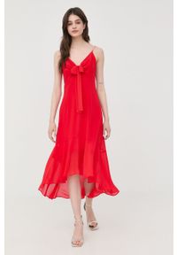 Morgan sukienka kolor czerwony midi rozkloszowana. Kolor: czerwony. Materiał: tkanina. Długość rękawa: na ramiączkach. Typ sukienki: rozkloszowane. Długość: midi