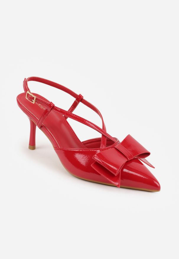 Renee - Czerwone Szpilki VICES z Aplikacją w Kształcie Kokardy Evithe. Nosek buta: szpiczasty. Zapięcie: sprzączka. Kolor: czerwony. Materiał: skóra, lakier. Wzór: aplikacja. Sezon: lato. Obcas: na szpilce. Wysokość obcasa: średni