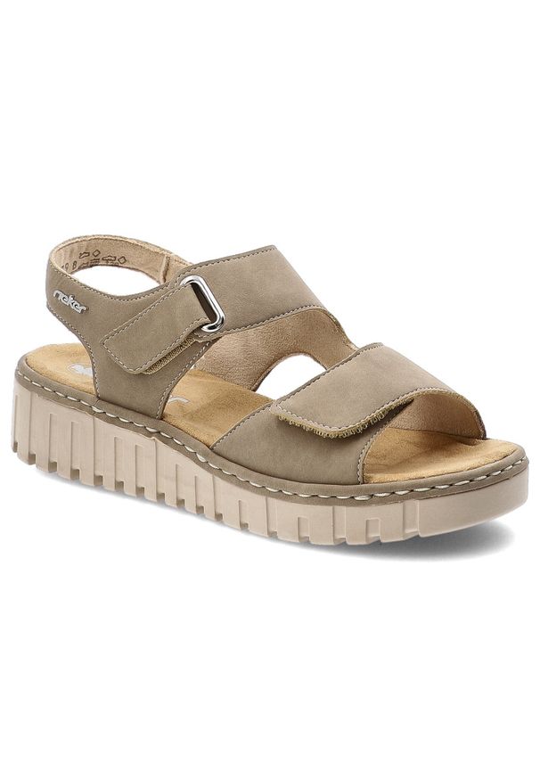 Sandały damskie Rieker, cholewka ze skóry ekologicznej z materiałowym wnętrzem zapinane na rzep, beżowe, V1382-64. Zapięcie: rzepy. Kolor: beżowy. Materiał: materiał, skóra ekologiczna