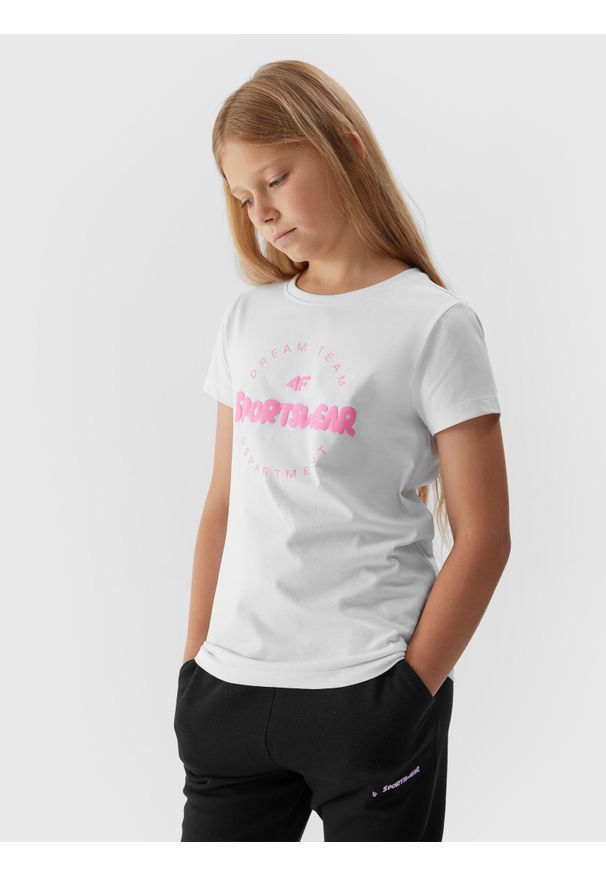 4f - T-shirt z bawełny organicznej dziewczęcy. Kolor: biały. Materiał: bawełna. Wzór: nadruk