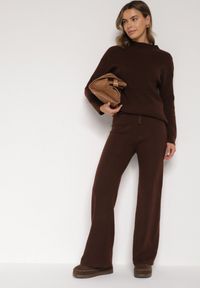 Born2be - Brązowy Dzianinowy Komplet z Bawełną i Wełną Długi Sweter i Szerokie Spodnie Reinesa. Kolor: brązowy. Materiał: wełna, bawełna, dzianina #5