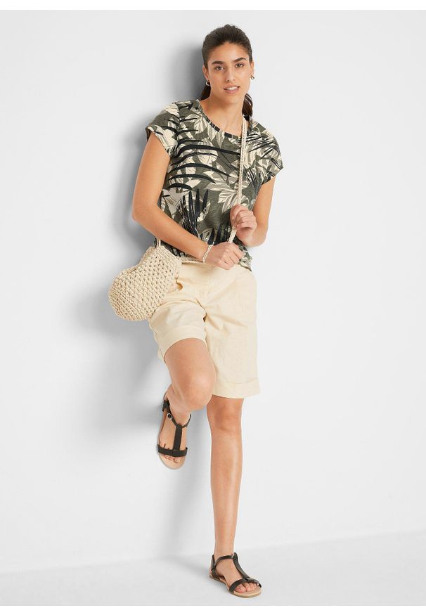 bonprix - T-shirt z bawełny z nadrukiem i minirękawkami. Kolor: zielony. Materiał: bawełna. Wzór: nadruk