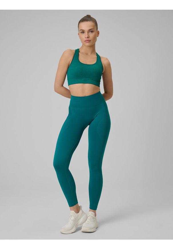 4f - 4F Legginsy treningowe bezszwowe damskie - turkusowe M/L. Stan: podwyższony. Kolor: turkusowy. Materiał: dzianina, elastan, włókno, syntetyk, materiał. Długość: długie. Wzór: gładki. Sport: fitness