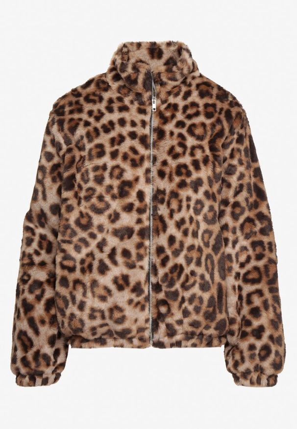 Born2be - Brązowa Futerkowa Kurtka ze Ściągaczami i Stójką w Cętki Viazelle. Okazja: na co dzień. Typ kołnierza: kołnierzyk stójkowy. Kolor: brązowy. Materiał: jeans. Wzór: motyw zwierzęcy. Styl: elegancki, casual