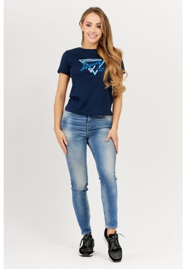 Guess - GUESS Granatowy t-shirt damski iconic, Rozmiar XS. Kolor: niebieski. Materiał: bawełna. Wzór: aplikacja