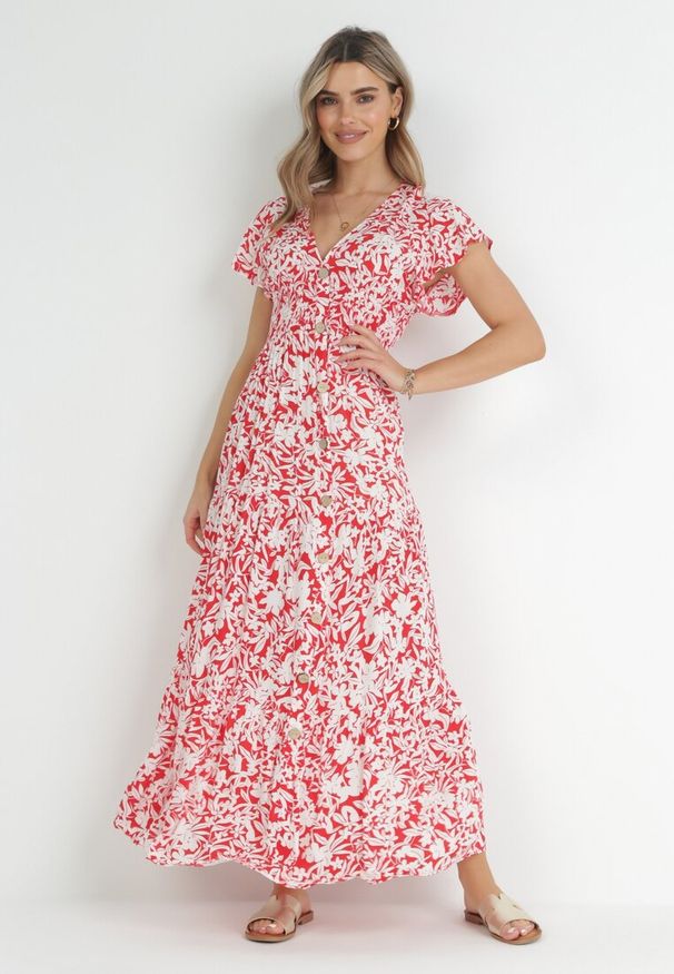 Born2be - Czerwona Rozkloszowana Sukienka Maxi z Wiskozy z Gumkami w Pasie z Guzikami Deninie. Kolor: czerwony. Materiał: wiskoza. Długość rękawa: krótki rękaw. Wzór: nadruk. Długość: maxi