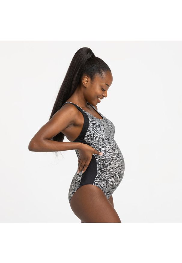 Decathlon - Strój jednoczęściowy kąpielowy ciążowy damski Nabaiji Emy Zeb. Kolekcja: moda ciążowa. Kolor: beżowy, wielokolorowy, czarny