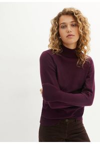bonprix - Sweter basic ze stójką, z bawełny z recyklingu. Typ kołnierza: kołnierzyk stójkowy. Kolor: fioletowy. Materiał: bawełna. Wzór: gładki, ze splotem #1