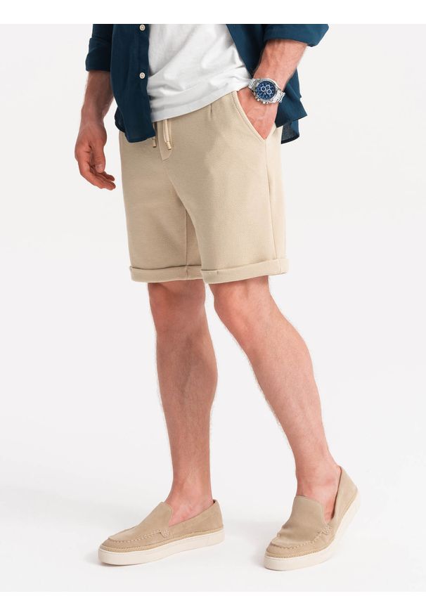 Ombre Clothing - Dzianinowe szorty męskie z podwiniętymi nogawkami - piaskowe V3 - Rozmiar: M. Okazja: na co dzień. Materiał: dzianina. Wzór: jednolity. Styl: klasyczny, casual