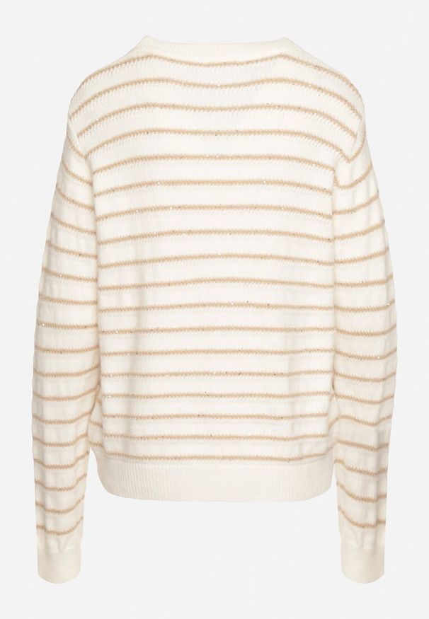 Born2be - Beżowy Sweter w Paski z Cekinami i Metaliczną Nicią Iritalle. Kolor: beżowy. Materiał: materiał. Wzór: paski. Sezon: zima