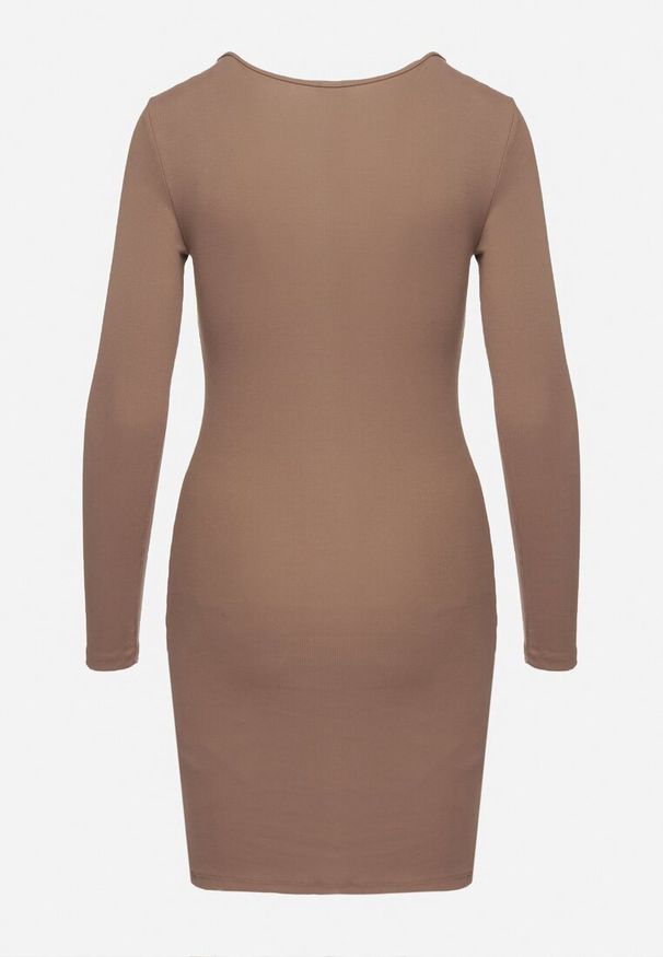 Born2be - Brązowa Bawełniana Dopasowana Sukienka Ozdobiona Transparentną Wstawką Rivirra. Okazja: na co dzień. Kolor: brązowy. Materiał: bawełna. Długość rękawa: długi rękaw. Wzór: aplikacja. Typ sukienki: dopasowane. Styl: casual