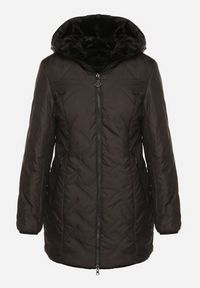 Born2be - Czarna Pikowana Kurtka Dwustronna z Kapturem i Futerkiem Rinaresa. Okazja: na co dzień. Typ kołnierza: kaptur. Kolor: czarny. Materiał: futro. Styl: casual, elegancki