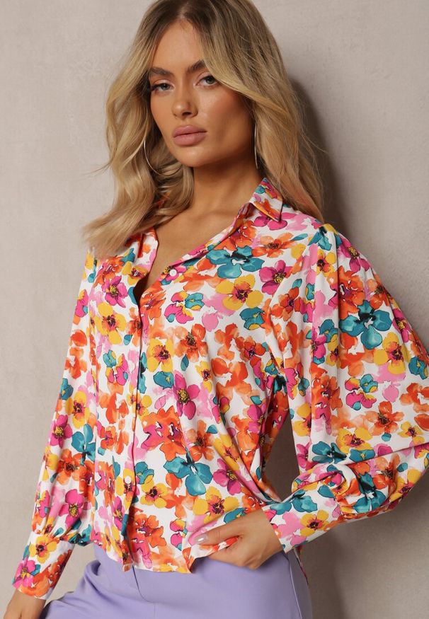 Renee - Biało-Pomarańczowa Kwiecista Koszula z Guzikami Phello. Okazja: na co dzień. Kolor: biały. Długość rękawa: długi rękaw. Długość: długie. Styl: casual