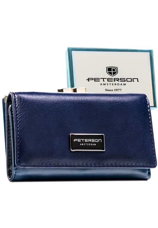 Portfel damski ze skóry naturalnej i ekologicznej w granatowym kolorze zamykany na zatrzask i bigiel - Peterson. Kolor: niebieski. Materiał: skóra ekologiczna