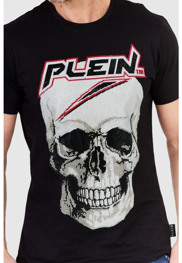 Philipp Plein - PHILIPP PLEIN Czarny t-shirt męski Platinum cut round neck space plein. Kolor: czarny. Materiał: prążkowany. Wzór: aplikacja