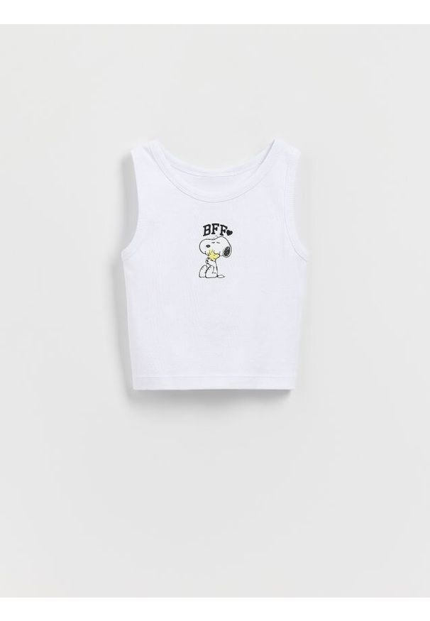 Reserved - Bawełniany top Snoopy - złamana biel. Materiał: bawełna