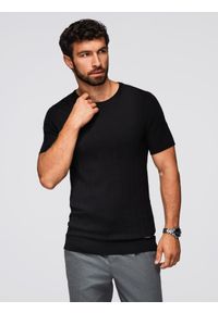 Ombre Clothing - Ażurowy męski sweter z okrągłym dekoltem i krótkim rękawem – czarny V2 - Rozmiar: L. Kolor: czarny. Materiał: wiskoza, prążkowany, dzianina, elastan, nylon. Długość rękawa: krótki rękaw. Długość: krótkie. Wzór: ażurowy. Styl: elegancki #8