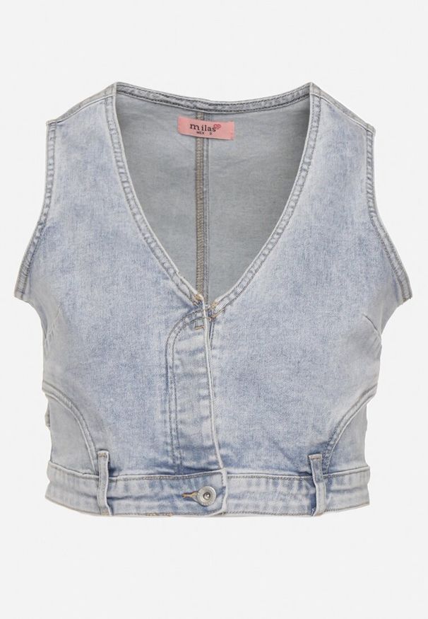 Born2be - Niebieska Krótka Jeansowa Kamizelka Zapinana na Metalowe Napy Schowane pod Plisą Efiara. Kolor: niebieski. Materiał: jeans. Długość: krótkie. Styl: klasyczny, elegancki