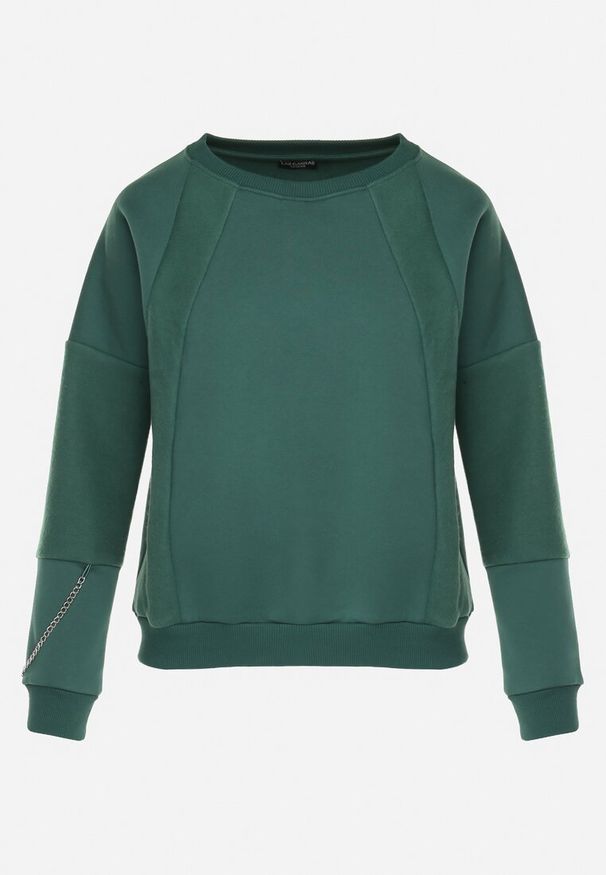 Born2be - Zielona Bluza z Ozdobnym Łańcuszkiem Letonia. Typ kołnierza: bez kaptura. Kolor: zielony. Materiał: bawełna, tkanina. Wzór: aplikacja