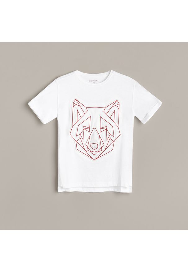 Reserved - Bawełniany t-shirt z aplikacją - Kremowy. Kolor: kremowy. Materiał: bawełna. Wzór: aplikacja