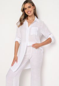 Born2be - Biały 2-Częściowy Komplet Luźna Koszula Spodnie z Gumką w Pasie i Rozcięciem Neviana. Kolor: biały. Materiał: bawełna