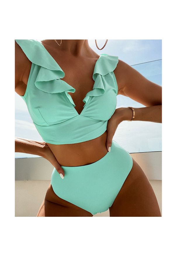 Intica - Dwuczęściowy strój kąpielowy z falbankami i wysoką talią Iolanthe. Kolor: niebieski. Materiał: materiał