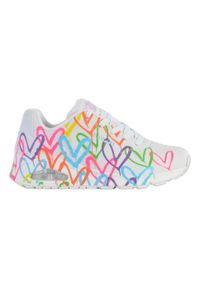 skechers - Damskie obuwie sportowe chodzenie Skechers Uno Highlight Love, Biały. Okazja: na co dzień, na spacer. Kolor: biały, wielokolorowy. Materiał: materiał, syntetyk. Sport: turystyka piesza